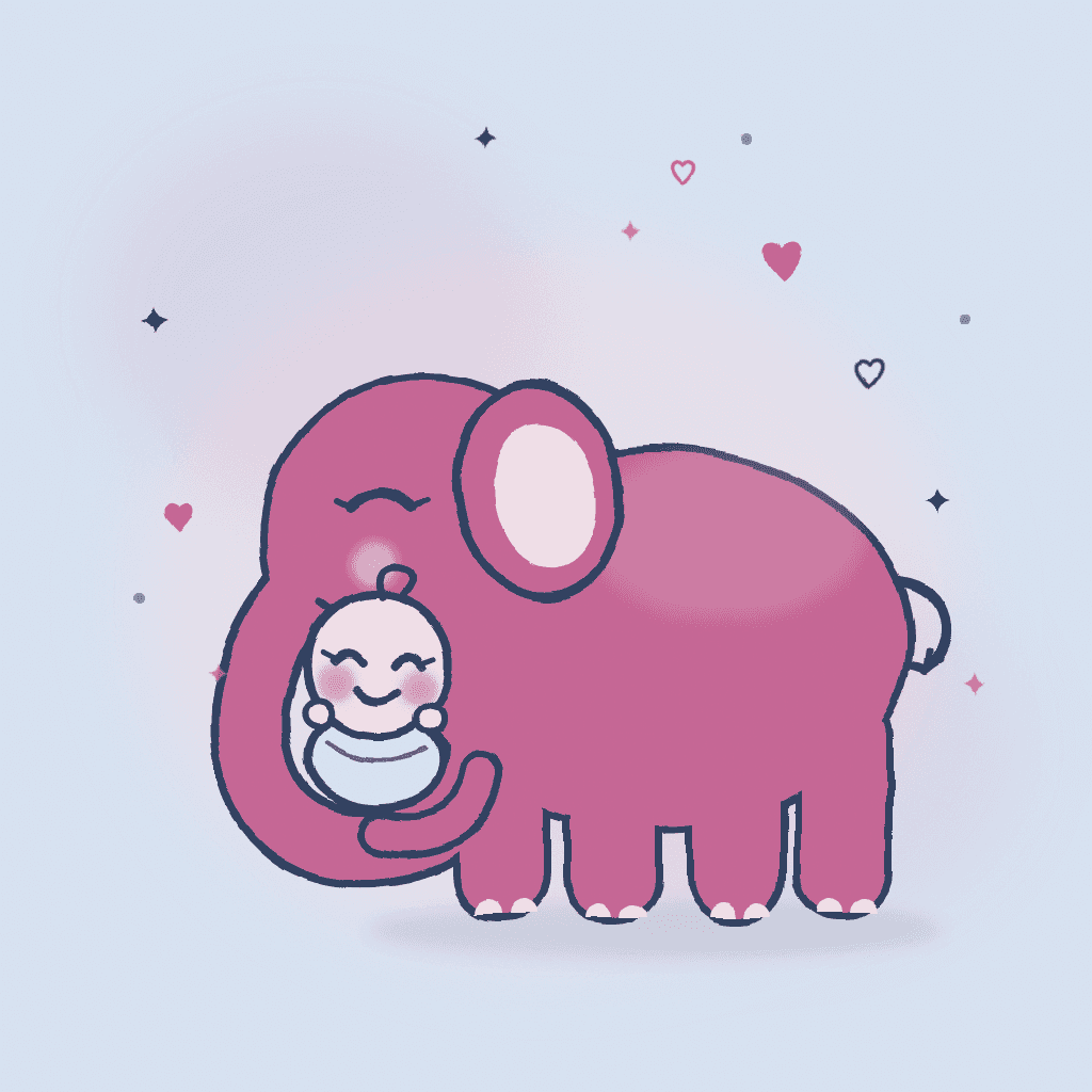 EleCare — un éléphant rose qui berce un bébé dans sa trompe